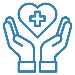 Hands holding a heart with a medical cross symbol.