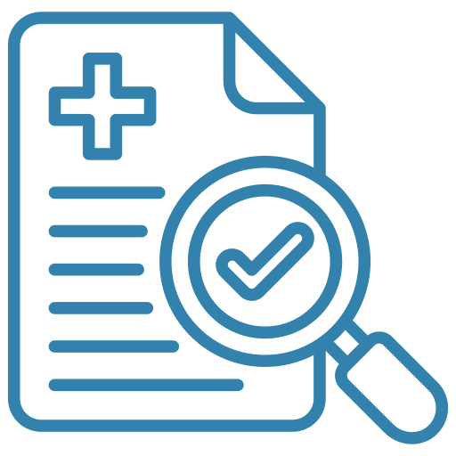 Icon of a document with a magnifying glass and checkmark.