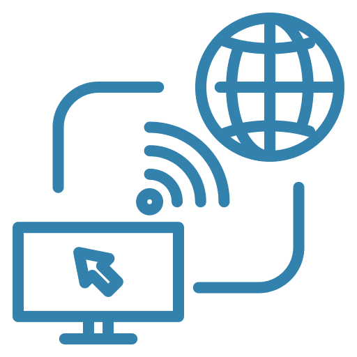 Icon of a computer connected to the internet globe symbol.